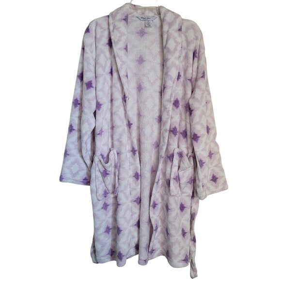Hotel Spa Collection Plush Soft Robe White and Purple Diamonds Tie Belt One Size - Picture 4 of 5